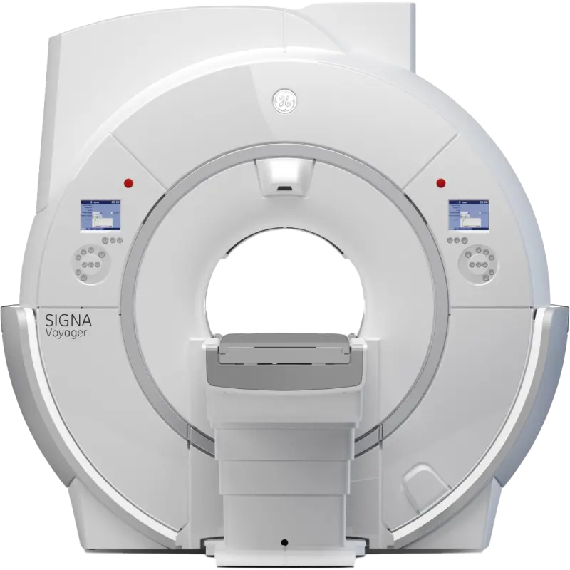 Front view of the GE Signa Voyager MRI system, designed for high-performance mobile imaging with wide bore technology and advanced diagnostic capabilities.