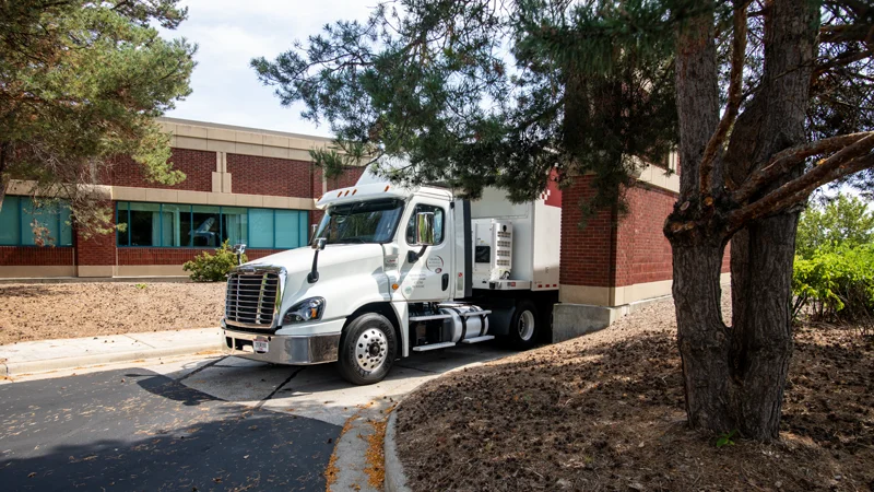 Shared Medical Services Mobile CT Scanner stationed at a hospital facility, offering on-site diagnostic imaging with convenient access for patients and staff.