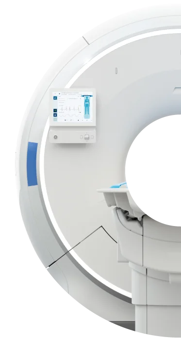 Left-side view of a mobile Philips MRI gantry with ambient lighting and touch interface, representing advanced imaging technology for mobile diagnostic services.