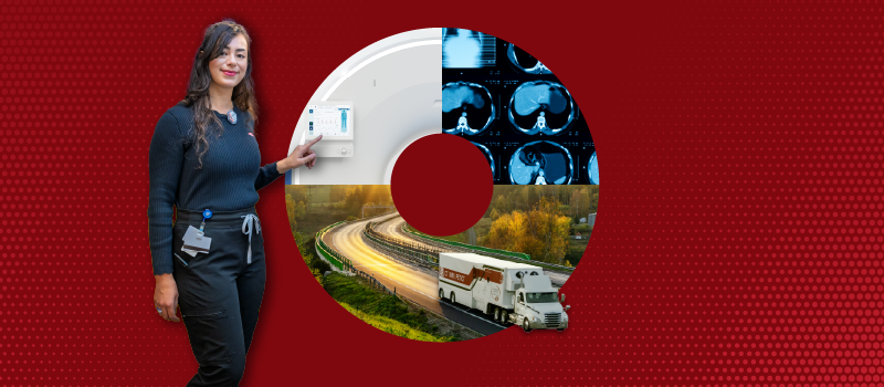 Visual representation of Shared Medical Services routed and parked mobile imaging solutions, featuring a technologist, PET/CT scanner, diagnostic images, and a mobile unit in transit — highlighting flexible service delivery for hospitals and healthcare systems.