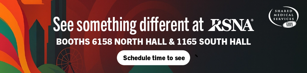 rsna-2025-web-banner Shared Medical Services promotional banner for ASNC 2025, featuring a mobile cardiac PET/CT unit driving along a palm-lined coastal highway at sunset, with event details: Orlando, FL | Sep 4–7 | Booth 218.