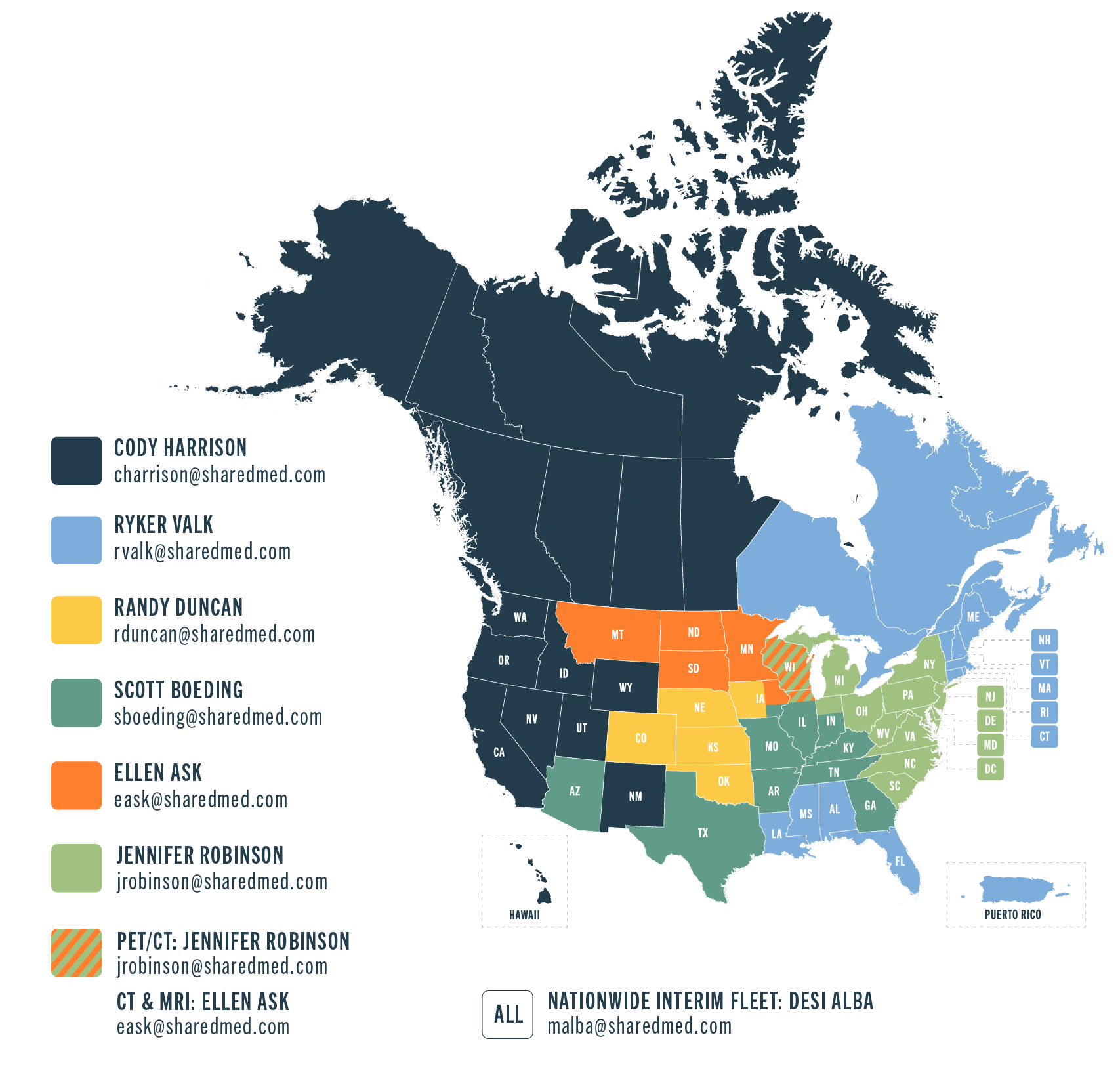 Territory map of Shared Medical Services regional sales contacts across the United States, including contact emails for Nicole Glesinger, Ellen Ask, Randy Duncan, Scott Boeding, and Jennifer Robinson. Color-coded by sales representative region, covering U.S. states and Puerto Rico.