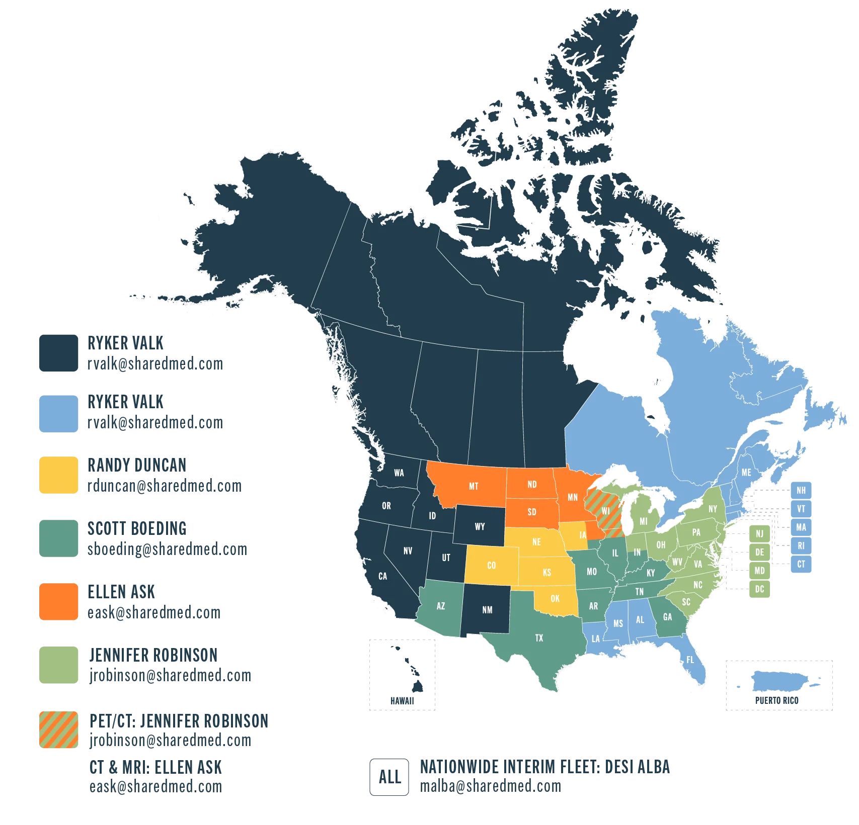 Territory map of Shared Medical Services regional sales contacts across the United States, including contact emails for Nicole Glesinger, Ellen Ask, Randy Duncan, Scott Boeding, and Jennifer Robinson. Color-coded by sales representative region, covering U.S. states and Puerto Rico.
